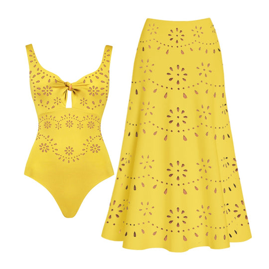 Damen Badeanzug und Rock-Set mit floralem Cut-Out Design R&B