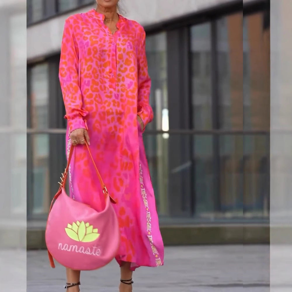 Damen Maxikleid mit lässiger Knopfleiste und animalischen Mustern Heidi-Mode