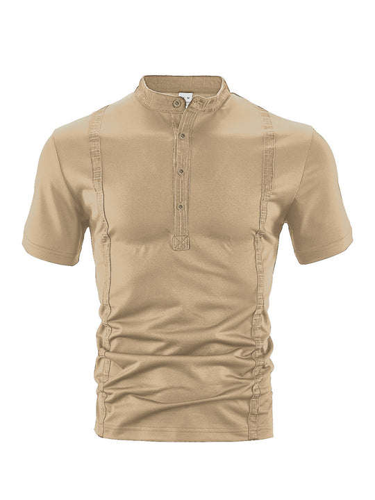 Herren nan Kurzarm-Stehkragenshirt mit verdeckter Knopfleiste, Zierpaspeln und figurbetonter Silhouette R&B