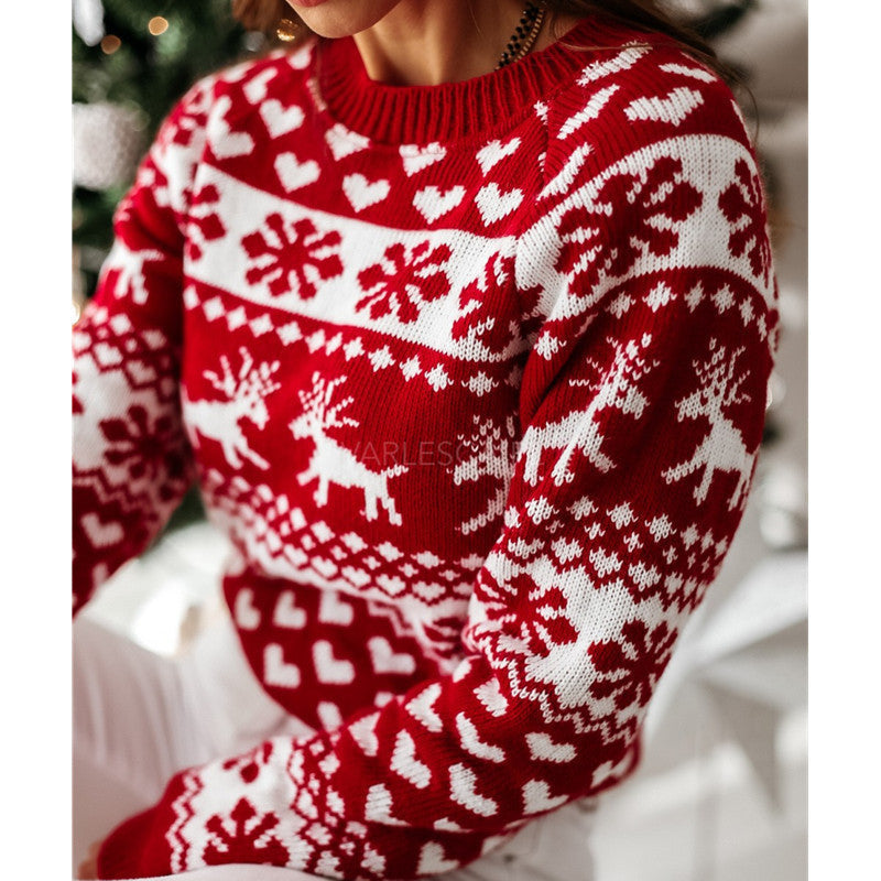 Damen Strickpullover mit weihnachtlichem Muster und Rundhalsausschnitt