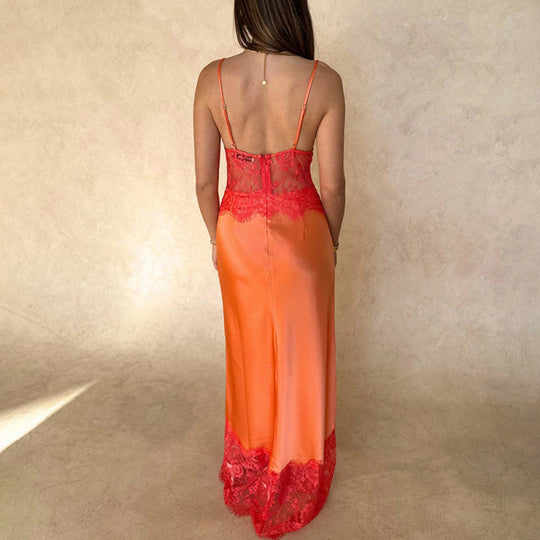 Damen Elegantes Nachtkleid mit transparentem Spitzeneinsatz und verstellbaren Trägern R&B