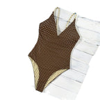 Damen Einteiler Badeanzug mit tiefem V-Ausschnitt und gepunktetem Design R&B