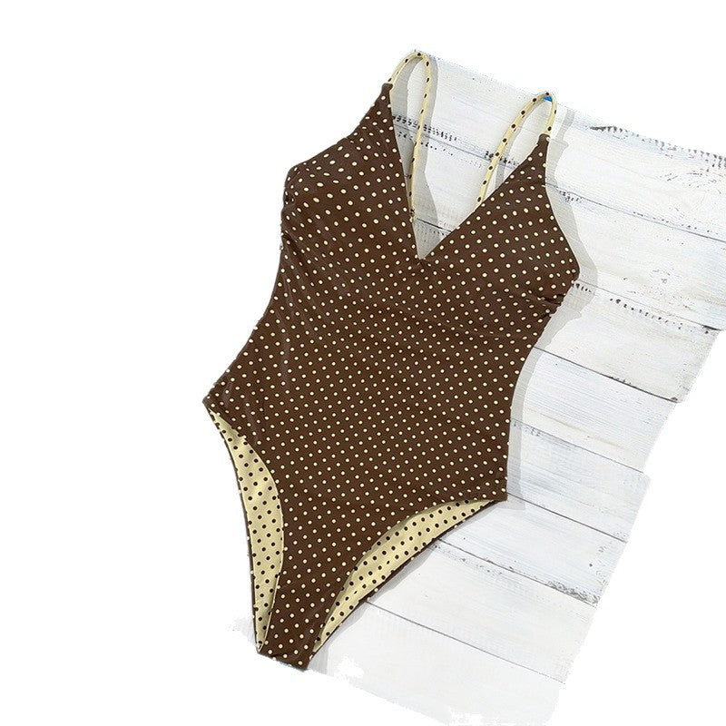 Damen Einteiler Badeanzug mit tiefem V-Ausschnitt und gepunktetem Design R&B
