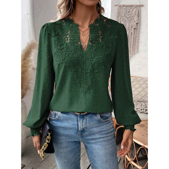 Damen Bluse mit gesticktem V-Ausschnitt und langen Ärmeln R&B