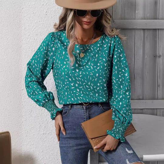 Damen elegante Bluse mit raffinierten Puffärmeln und zartem Muster R&B