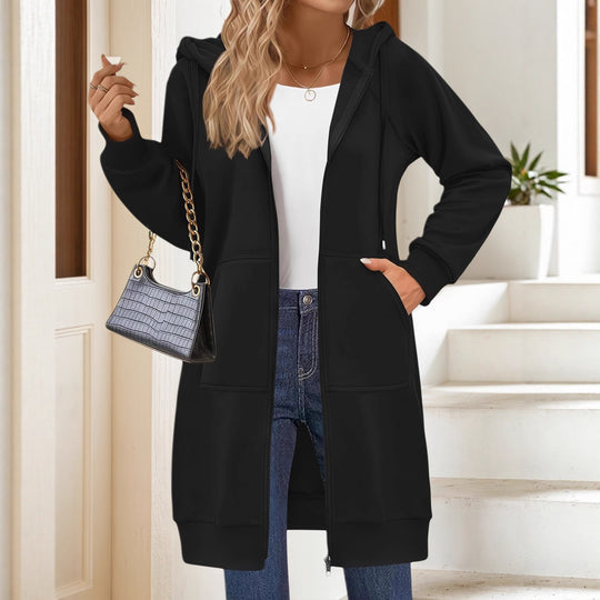Damen Lange Kapuzenjacke mit Reißverschluss und praktischen Taschen R&B
