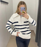 Damen gestreifter Pullover mit hohem Kragen und Reißverschluss R&B