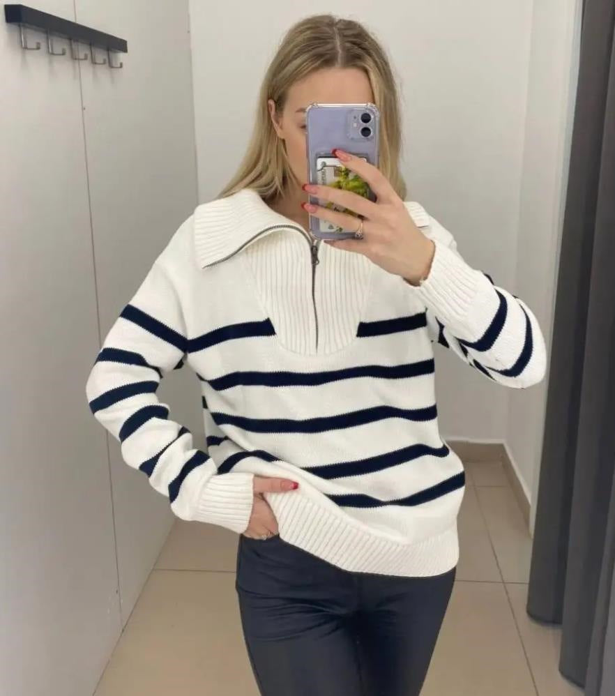 Damen gestreifter Pullover mit hohem Kragen und Reißverschluss R&B