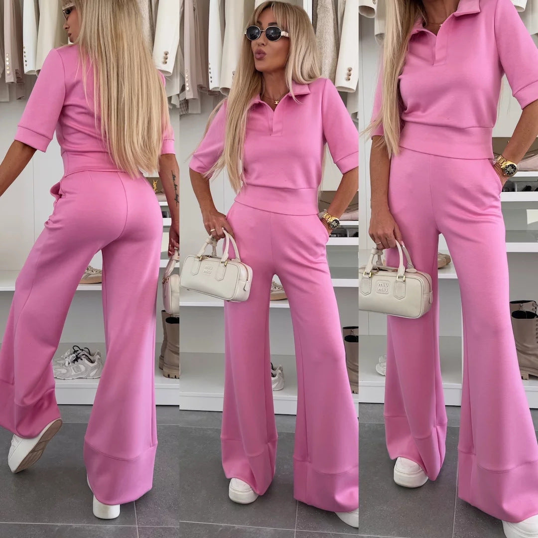Damen elegantes Poloshirt und flared Hose Set R&B