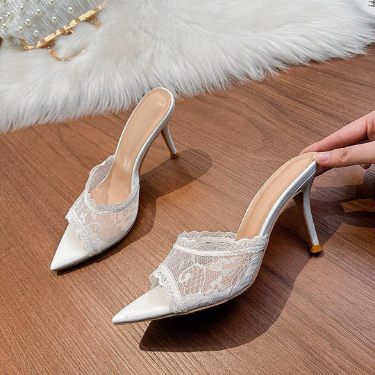 Damen elegante Mules mit Spitze und feiner Spitze R&B