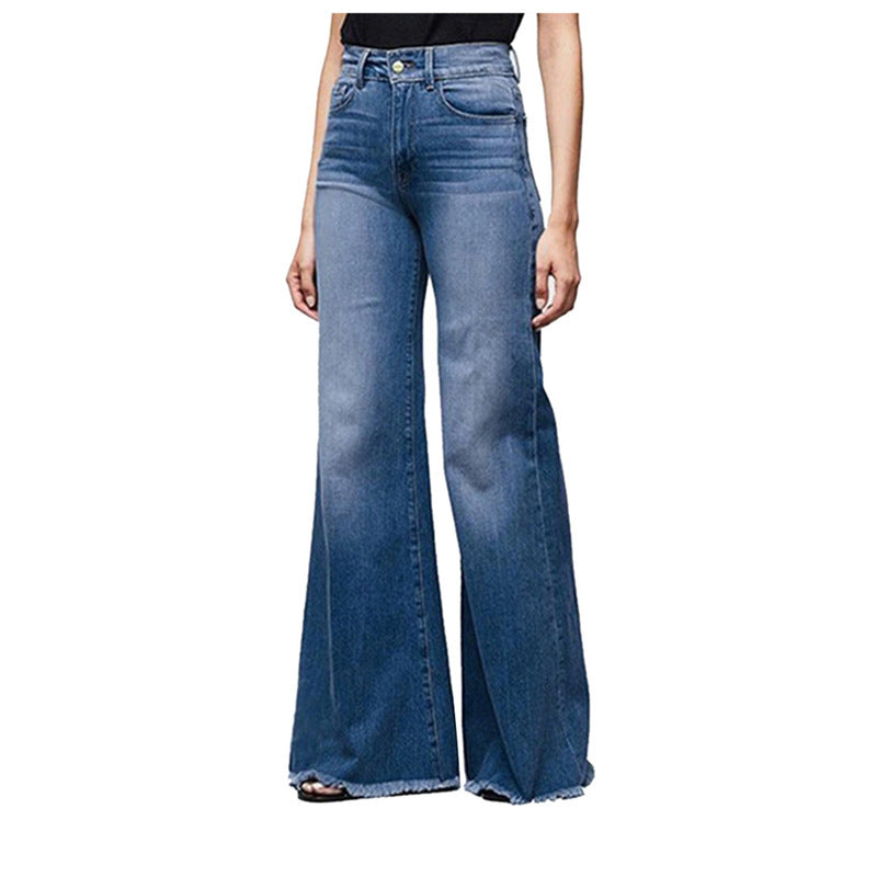 Damen Weite Schlagjeans mit fransigem Saum