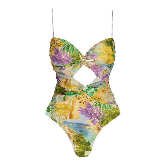 Damen Einteiliger Badeanzug mit raffinierter Cut-Out-Optik und dekorativem Schmuck R&B