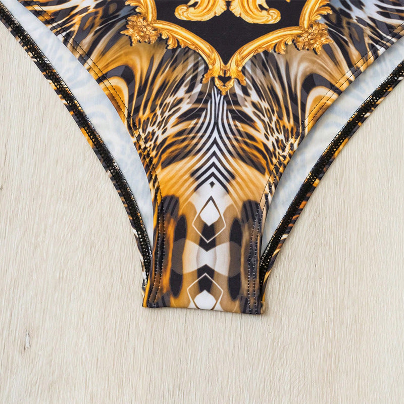 Damen Einteiler Badeanzug mit modischen Rüschendetails und opulentem Tierdruck R&B