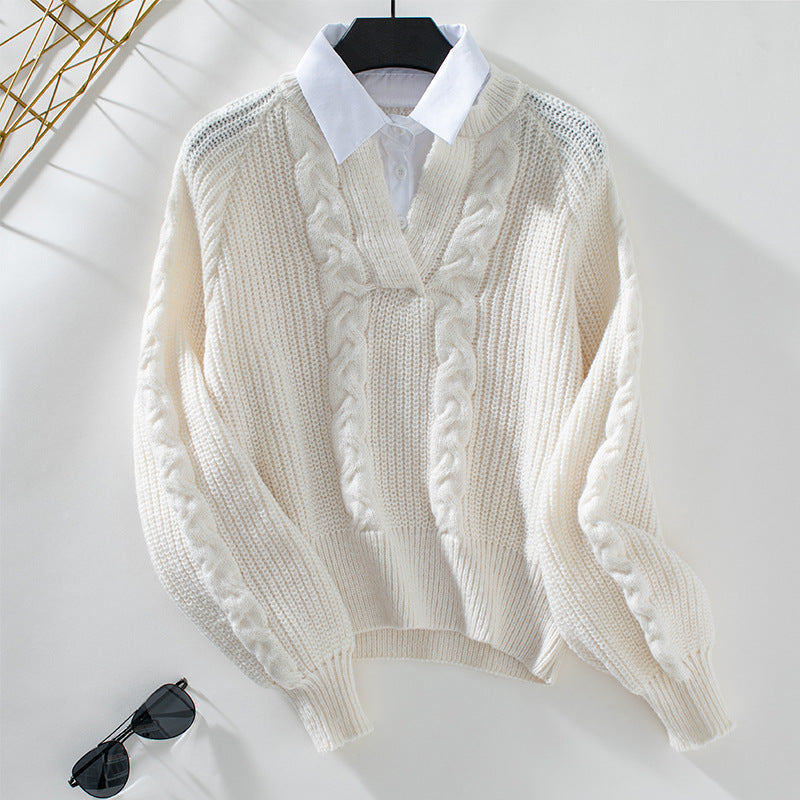 Damen Strickpullover mit Zopfdesign und modernem Kragen