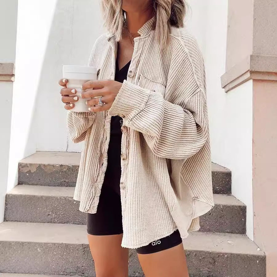 Damen Oversized Waffle-Shirtjacke mit Knopfleiste und praktischen Taschen R&B