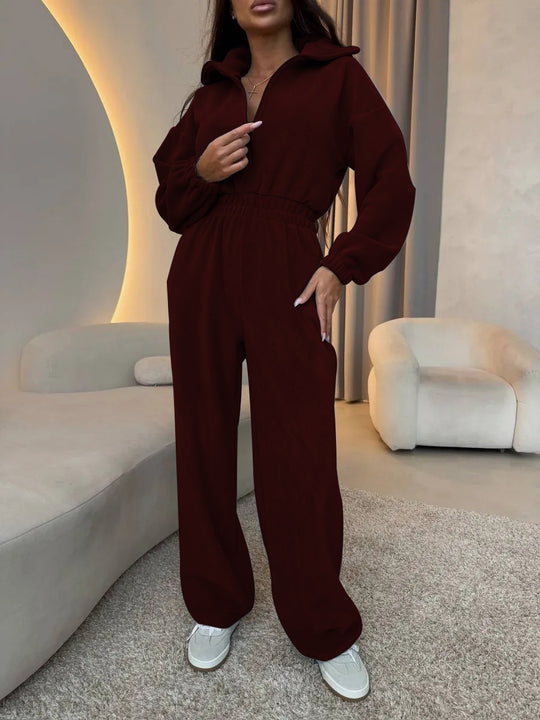 Damen eleganter Jumpsuit mit kurzem Reißverschluss und elastischem Bund R&B