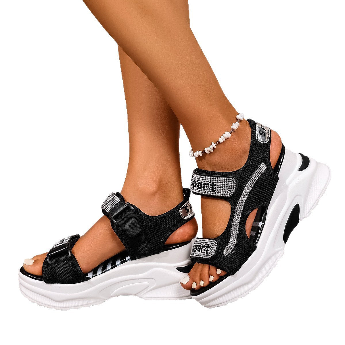 Damen Plateau-Sandalen mit verstellbaren Riemen und modischem Glitzer-Design R&B