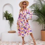 Damen Maxikleid mit floralem Design und elastischem Taillengürtel R&B