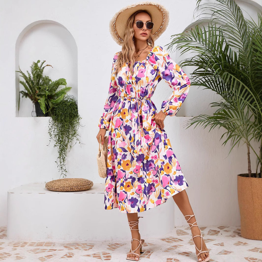 Damen Maxikleid mit floralem Design und elastischem Taillengürtel R&B