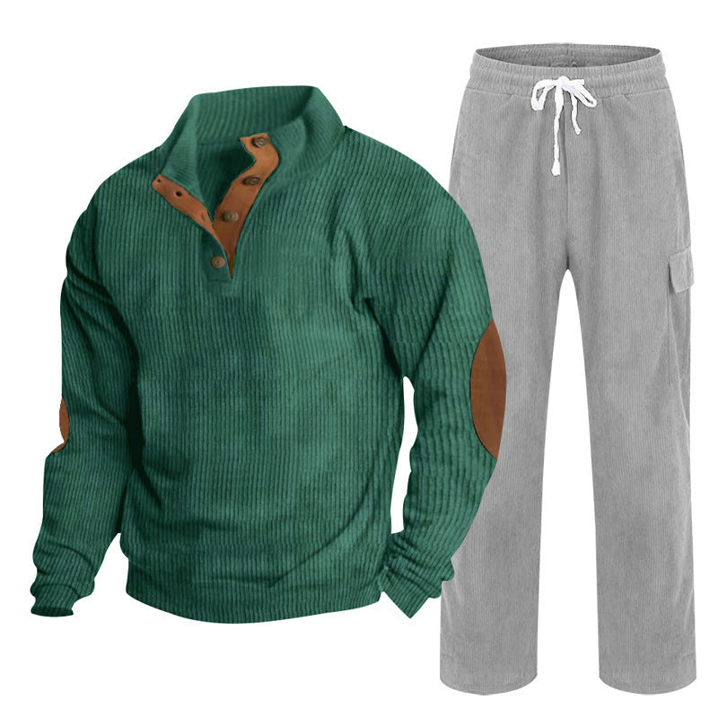 Herren nan strukturiertes Feinstrick-Halbknopf-Pullover und Feincord-Cargo-Zweiteiler R&B
