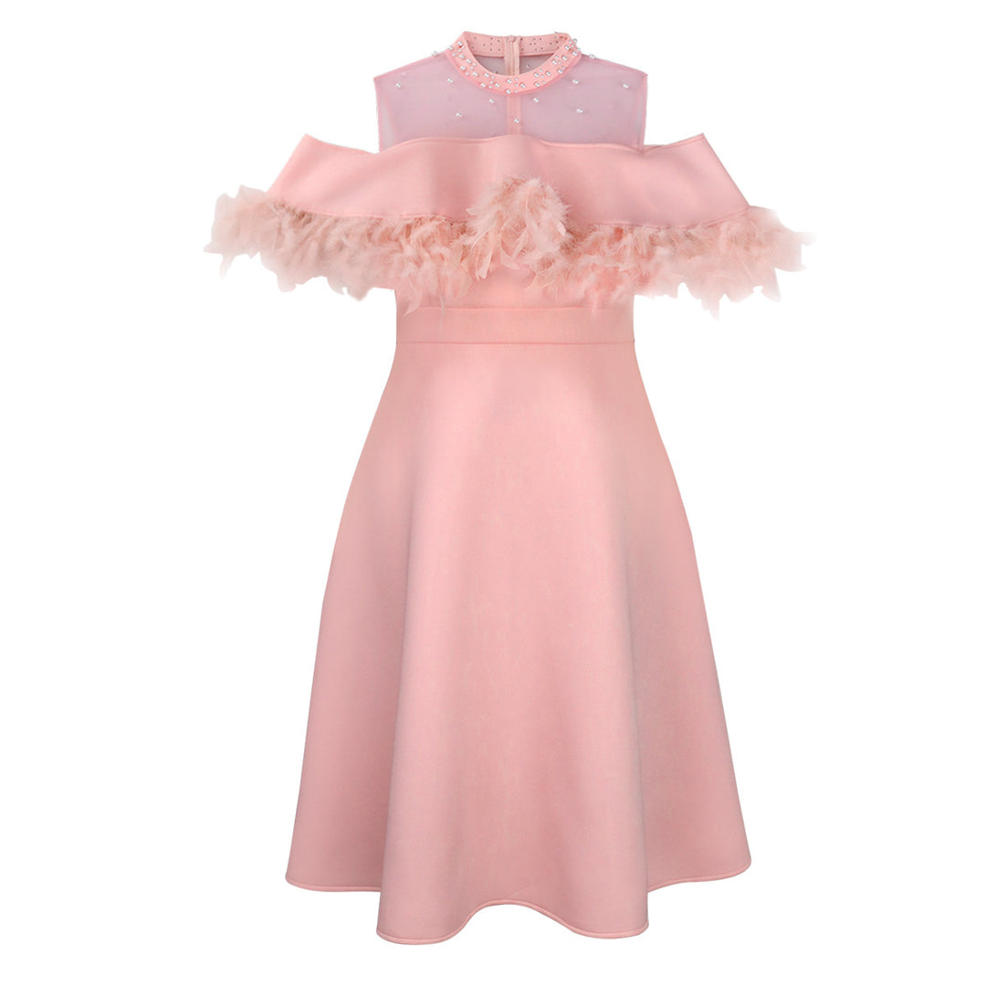 Damen elegantes Kleid mit transparenten Puffärmeln und dekorativen Federdetails R&B