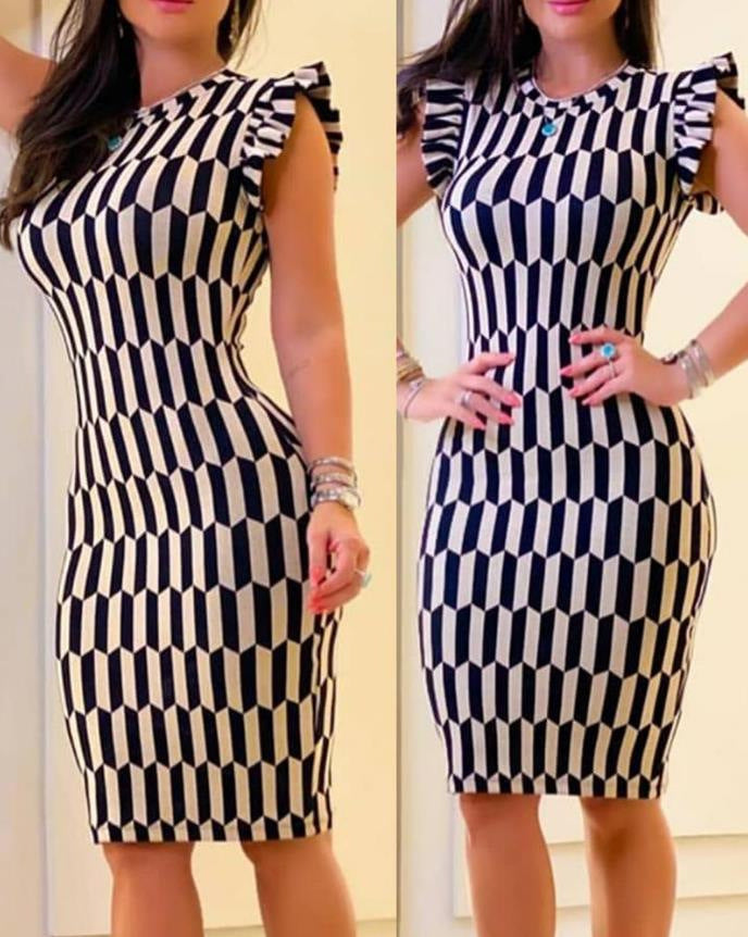 Damen figurbetontes Kleid mit Rüschendetails und geometrischem Muster R&B