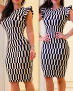 Damen Figurbetontes Kleid mit Rüschendetails und geometrischem Muster R&B