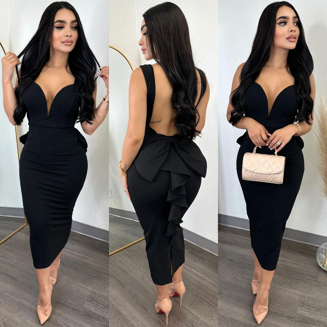Damen figurbetontes Midikleid mit tiefem V-Ausschnitt und peplum Saum R&B