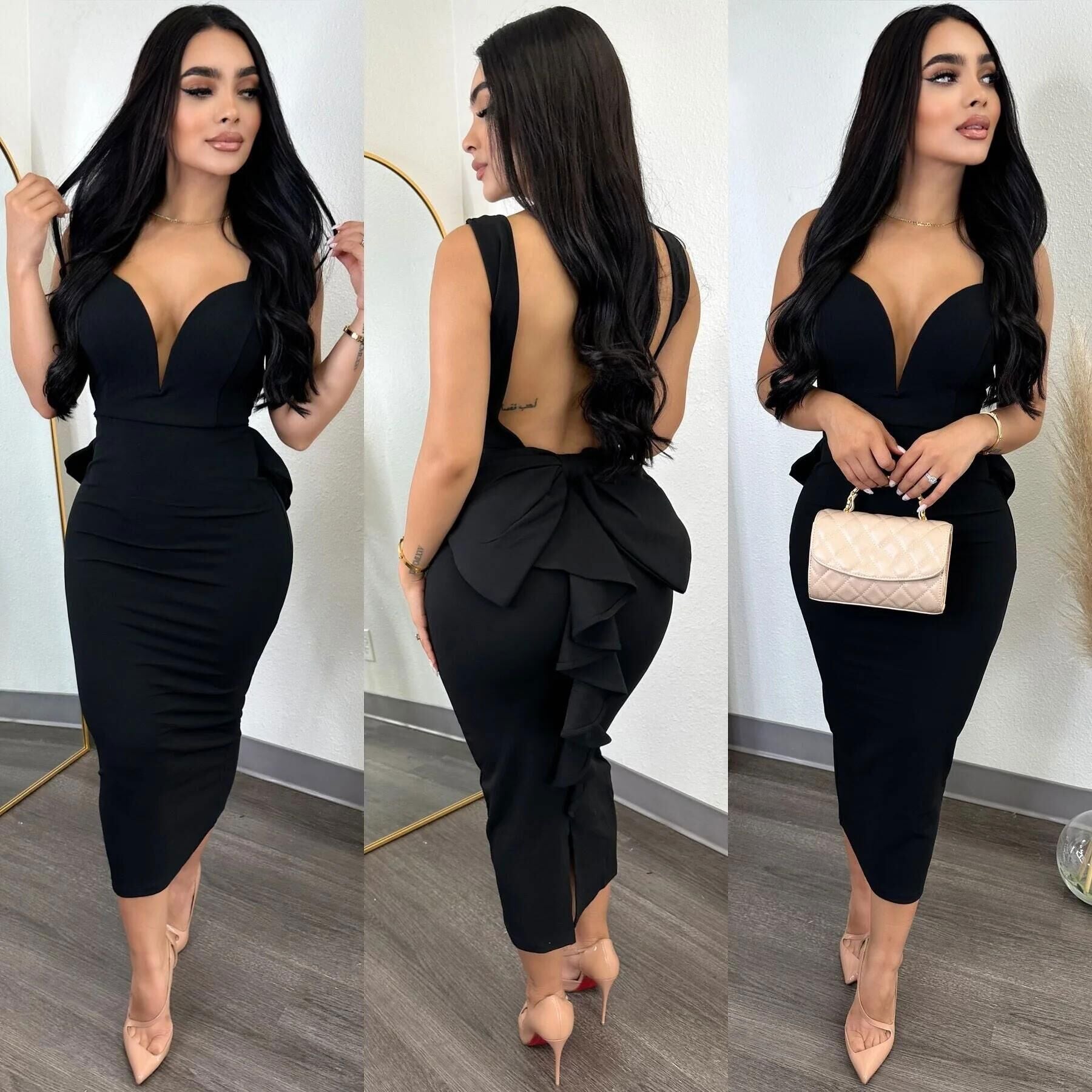 Damen figurbetontes Midikleid mit tiefem V-Ausschnitt und peplum Saum R&B