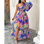 Damen Blumen Ein-Schulter Maxi Kleid