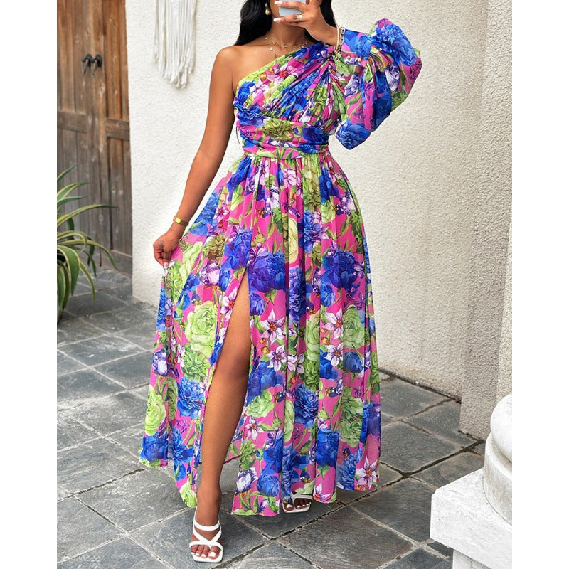 Damen Blumen Ein-Schulter Maxi Kleid