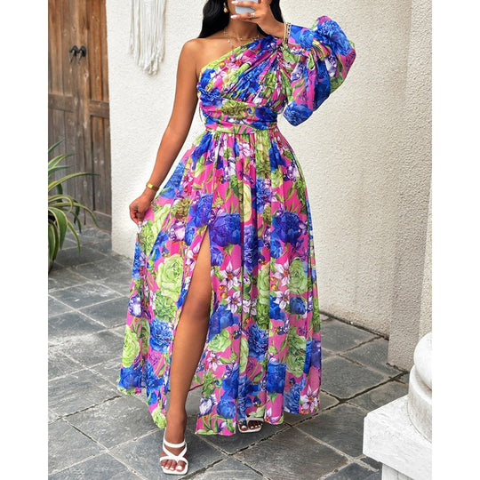 Damen Blumen Ein-Schulter Maxi Kleid R&B