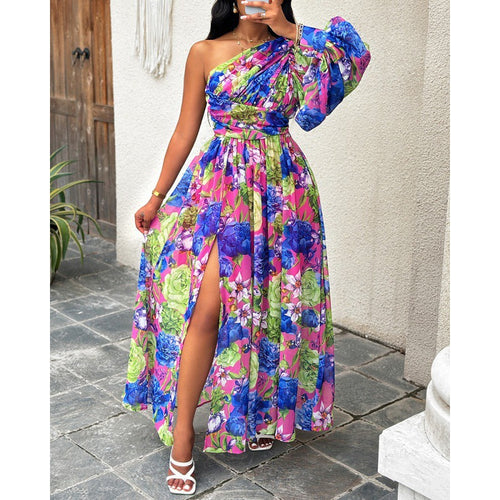 Damen Blumen Ein-Schulter Maxi Kleid R&B