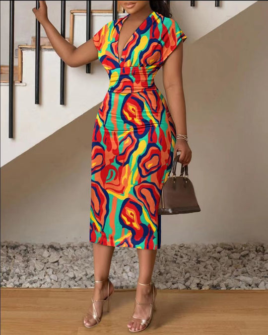 Damen Midi-Kleid mit modernem abstraktem Streifenmuster R&B