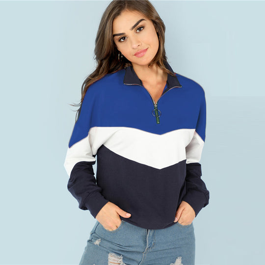 Damen sportlicher Sweatshirt mit hohem Kragen und farblich abgesetztem Design R&B