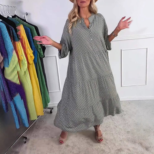 Damen nan leichtes fließendes Midikleid mit Pünktchenmuster, Stufenrock und krempelbaren Ärmeln R&B