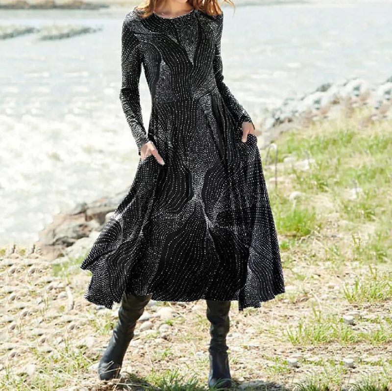 Damen nan Boho-Maxikleid mit taillierter Empire-Passe, langen Ärmeln und Seitentaschen R&B