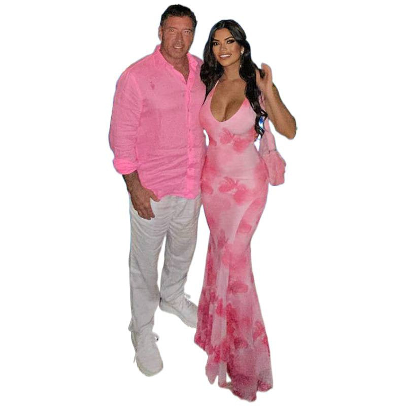 Damen Maxikleid mit tiefem V-Ausschnitt und floralen Akzenten R&B