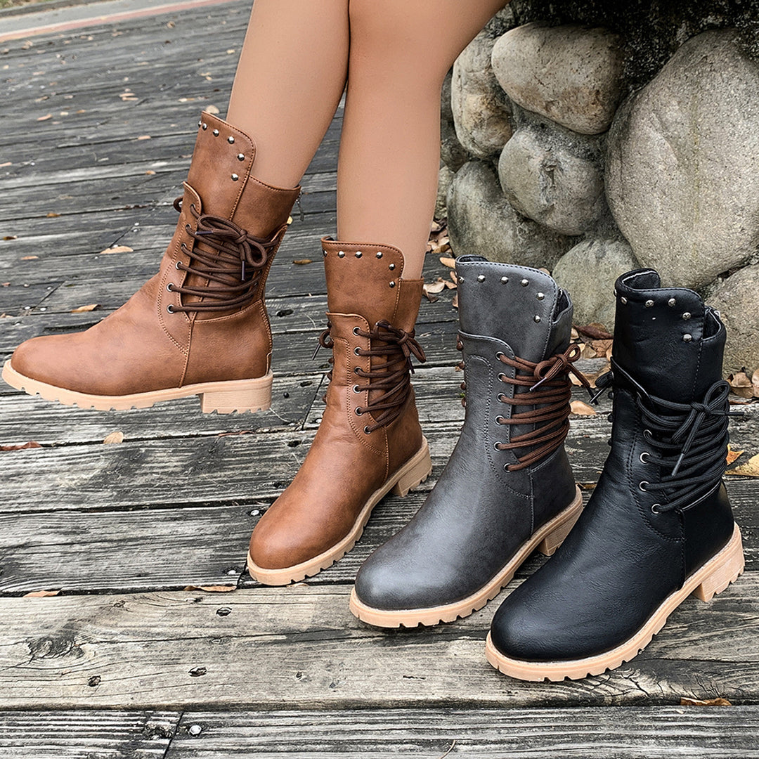 Damen Lederstiefel mit Schnürung und Nieten R&B