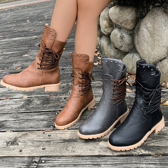 Damen Lederstiefel mit Schnürung und Nieten R&B