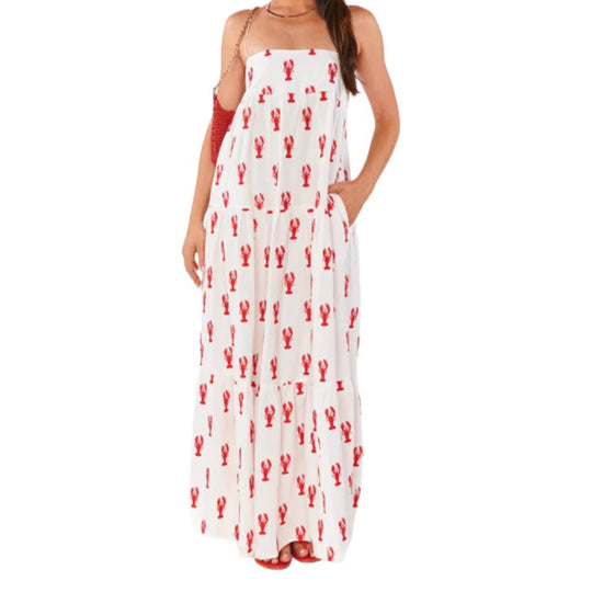 Damen nan trägerloses Stufenmaxikleid mit Bandeau-Oberteil lockerer A-Linie und maritimem Hummer-Print R&B