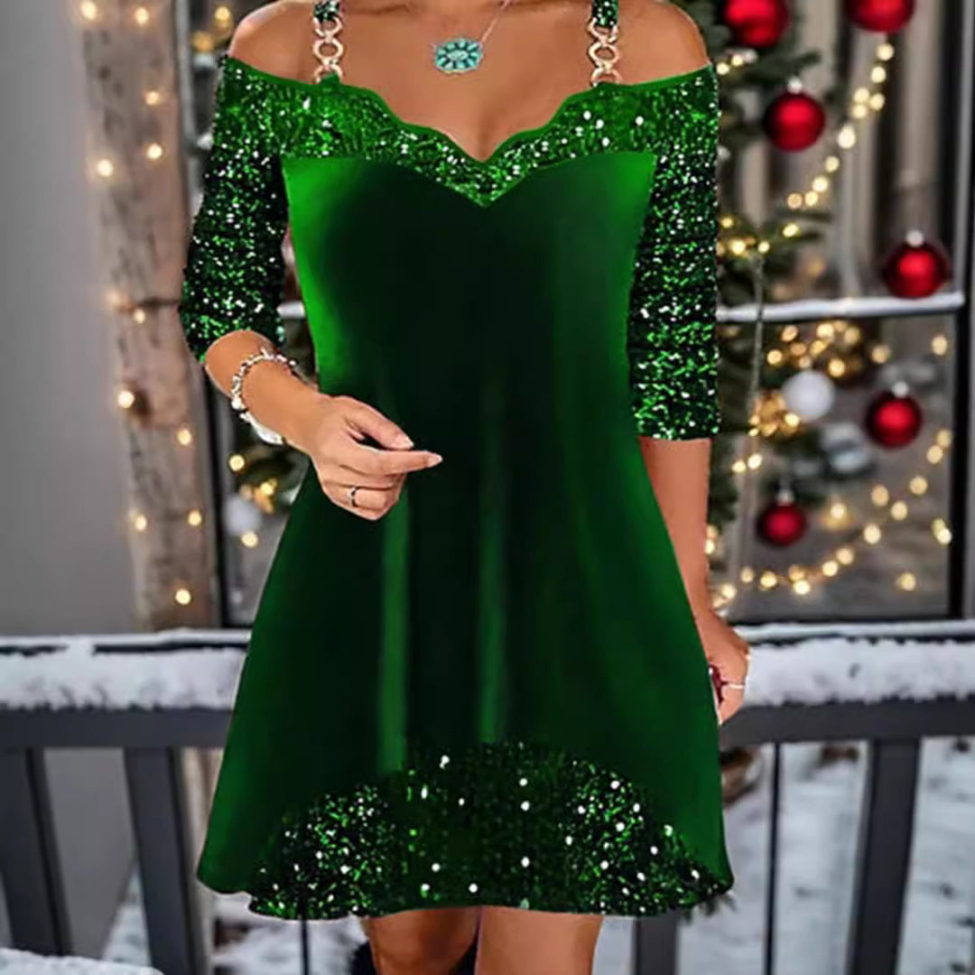 Damen nan schulterfreies Pailletten-Swingkleid mit zierlichen Ketten‑Trägern, halblangen Ärmeln und Volantbesatz R&B