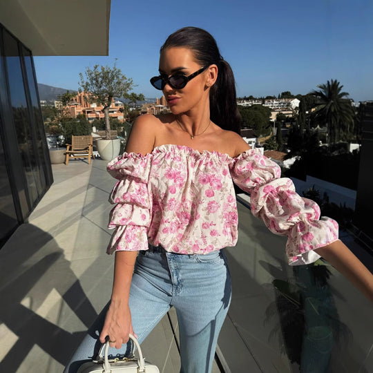 Damen Off-Shoulder Bluse mit Rüschendetails und floralen Mustern R&B