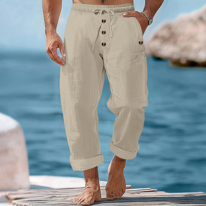 Herren nan lockere Leinen-Baumwoll-Hose mit elastischem Bund, Kordelzug und aufgekrempeltem Saum R&B