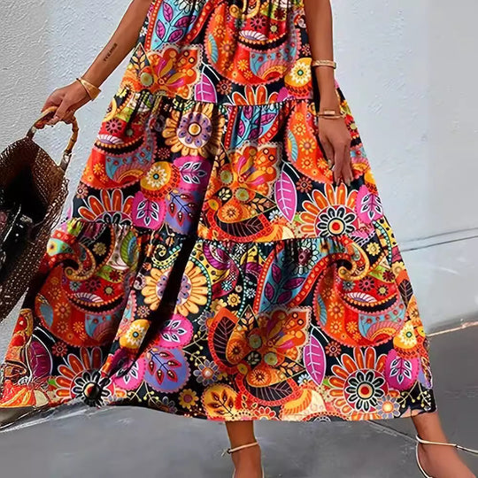 Damen Maxikleid mit buntem Blumenmuster und elegantem V-Ausschnitt Heidi-Mode
