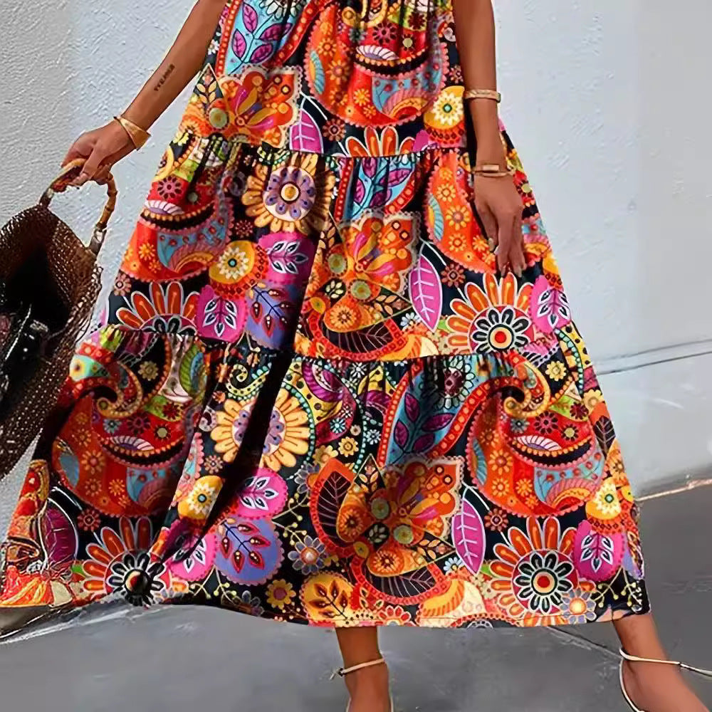 Damen nan stufenförmiges Boho-Maxikleid mit V-Ausschnitt und geraffter Unterbrustnaht R&B