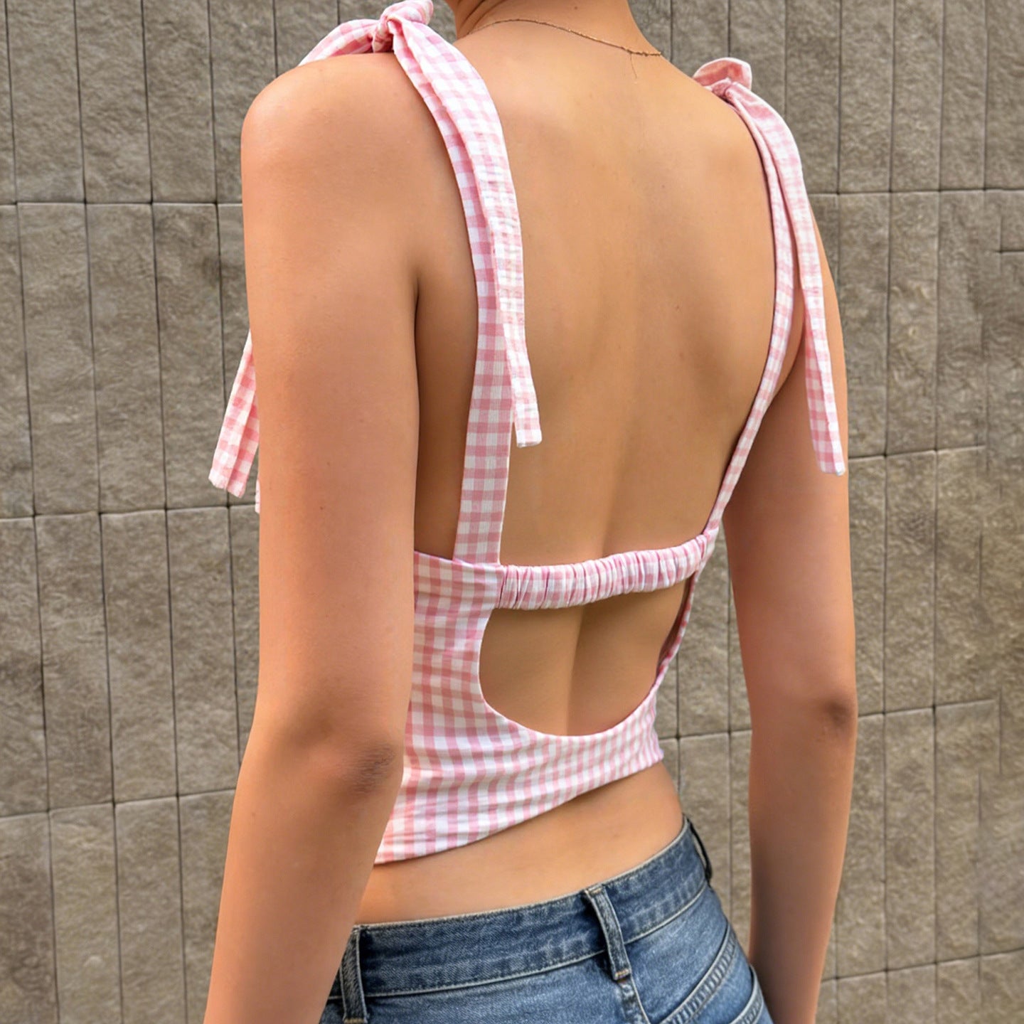 Damen V-Ausschnitt Top mit Bindedetails im Karomuster R&B