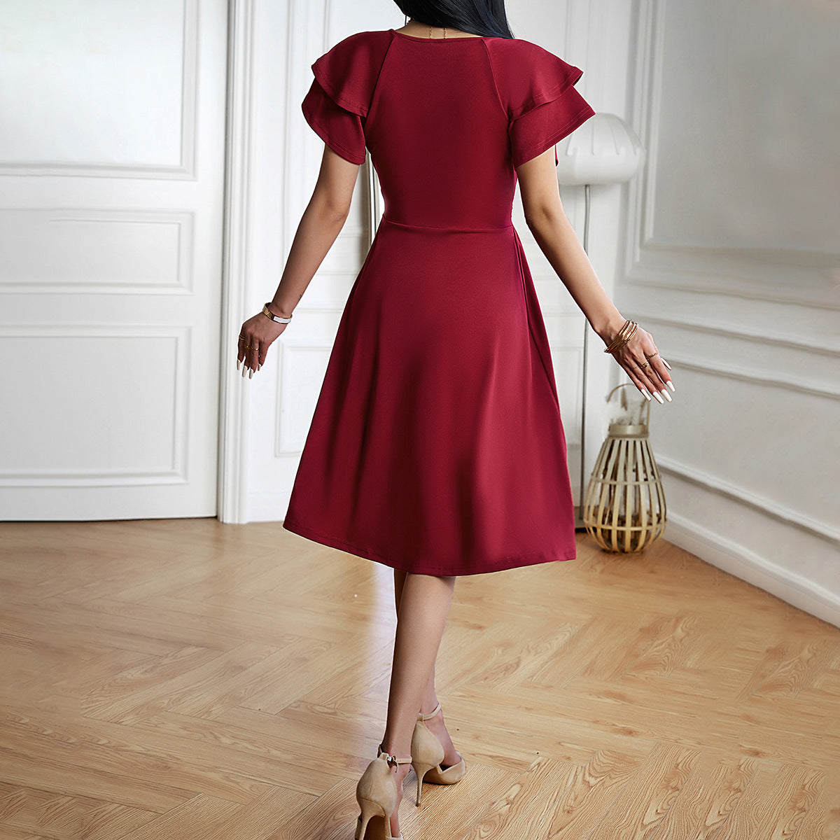 R&B | V-Ausschnitt Einfarbig Kurzarmkleid Für Frauen