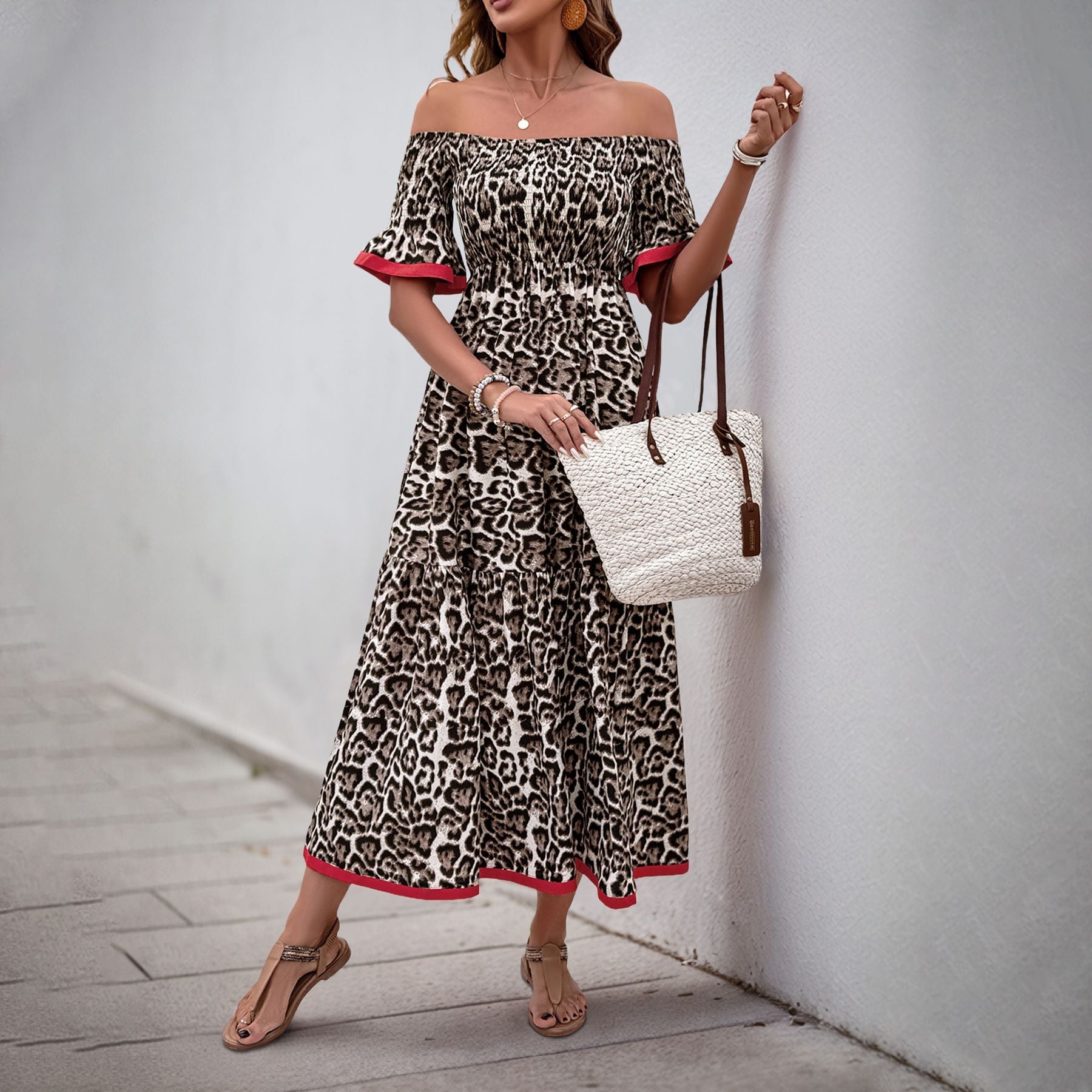 Damen Off-Shoulder Maxikleid mit tierischem Muster und Rüschendetails R&B