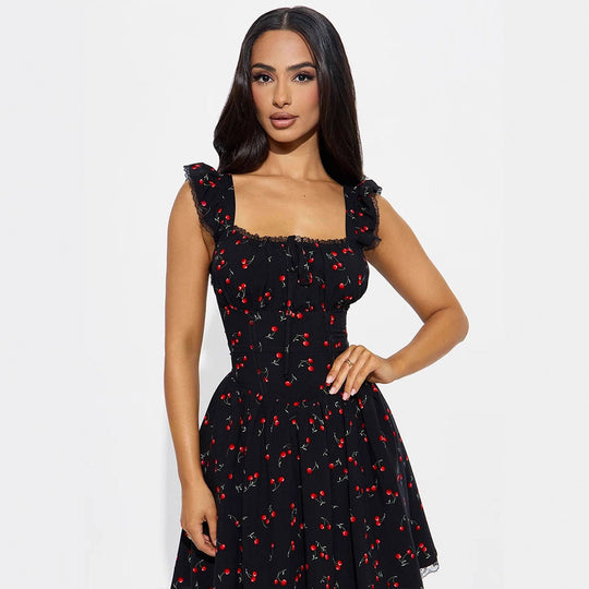 Damen Sommerkleid mit verspieltem Kirschmuster und Spitzenakzenten R&B